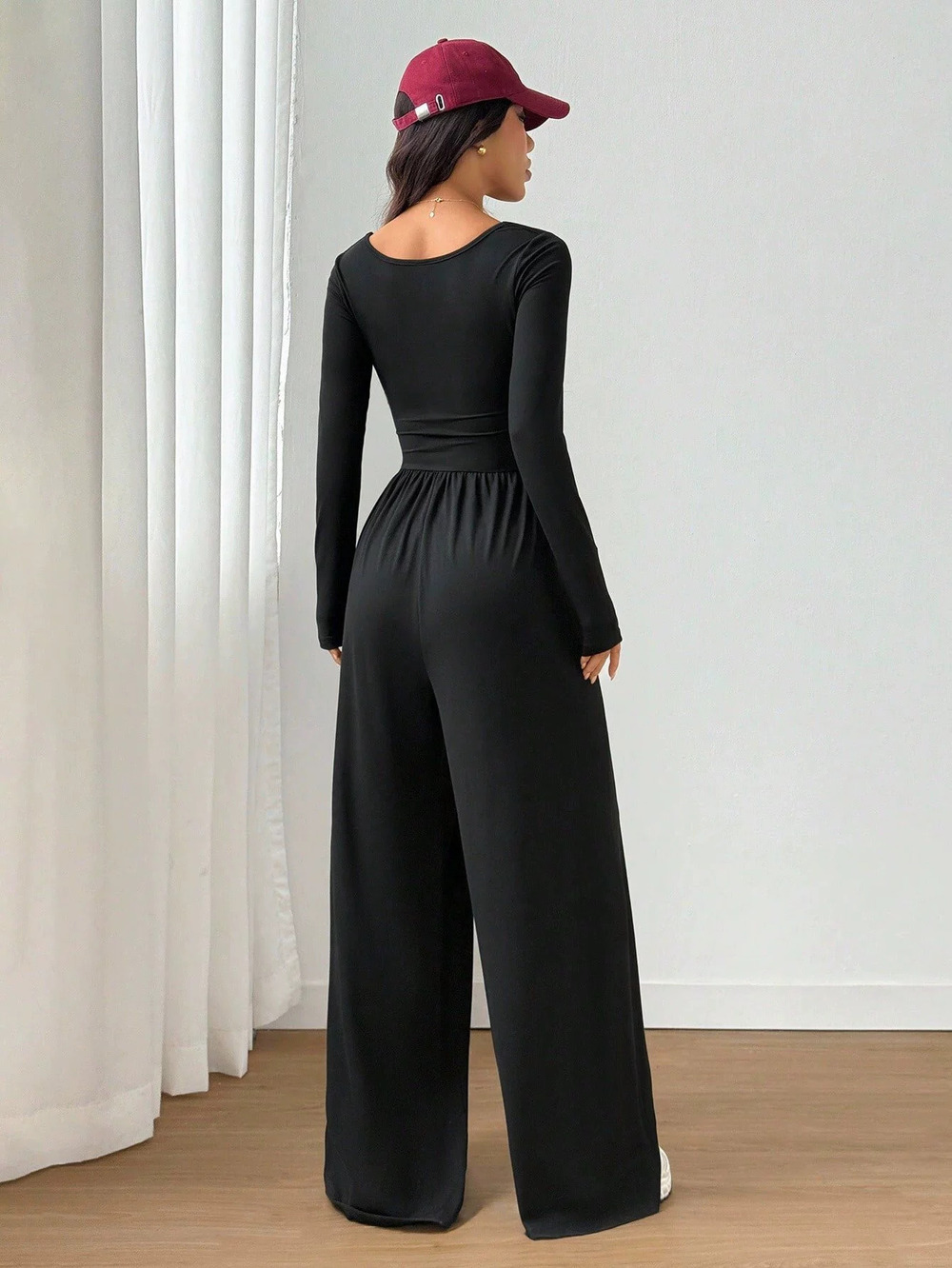 ZARA Womens Long Sleeve High Waist Tummy Control Flowy Wide Leg Jumpsuit
